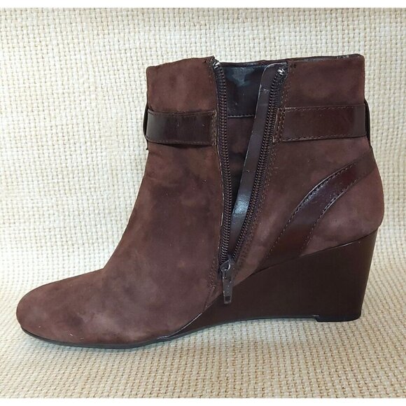 Trendy Brown Suede Leather Antonio Milano Wedge Boots Booties Zip Buckle Size 8 - Picture 8 of 13